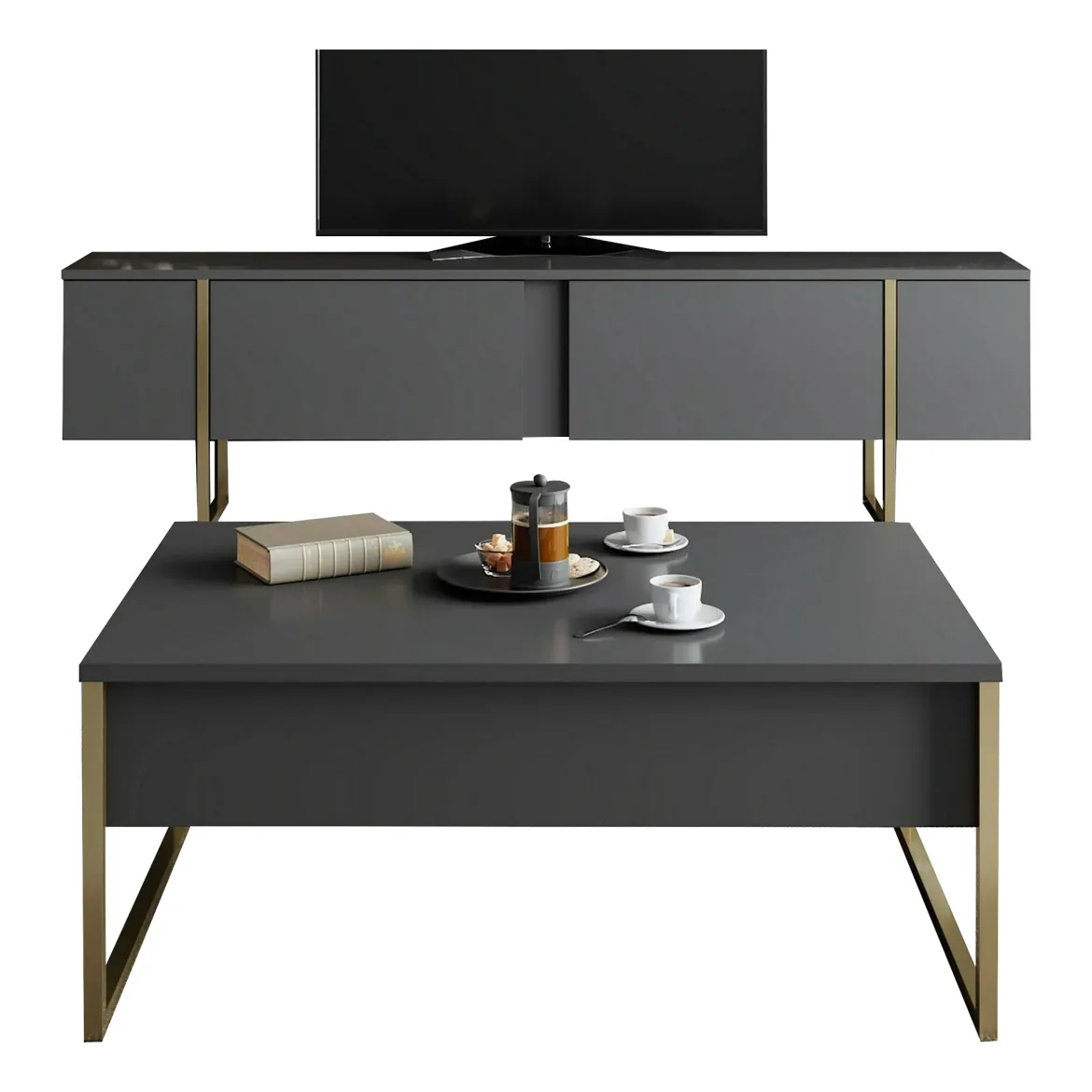 Set Mobili da Soggiorno Nero Antracite oro Modulabile 4 Ripiani, Apertura Battente, a Ribalta - Pignano