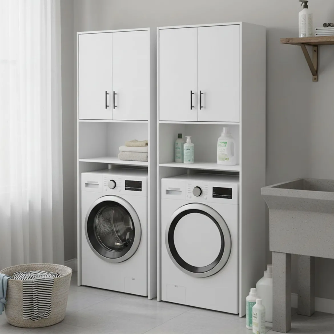 Set Mobili per Lavanderia Bianco 4 Ripiani 7 Vani, Apertura Battente - Ornago