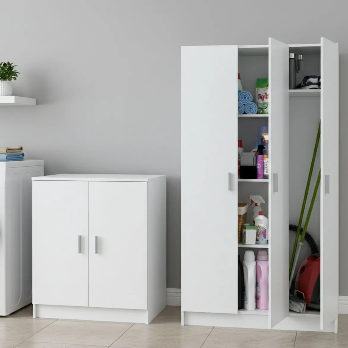 Set Mobili per Lavanderia Bianco 6 Ripiani 8 Vani, Apertura Battente - Fenis