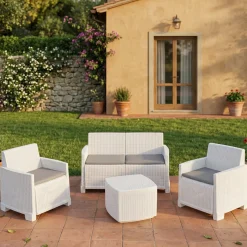 Set salotto cortile 2 poltrone e 1 divano effetto rattan bianco - Amer