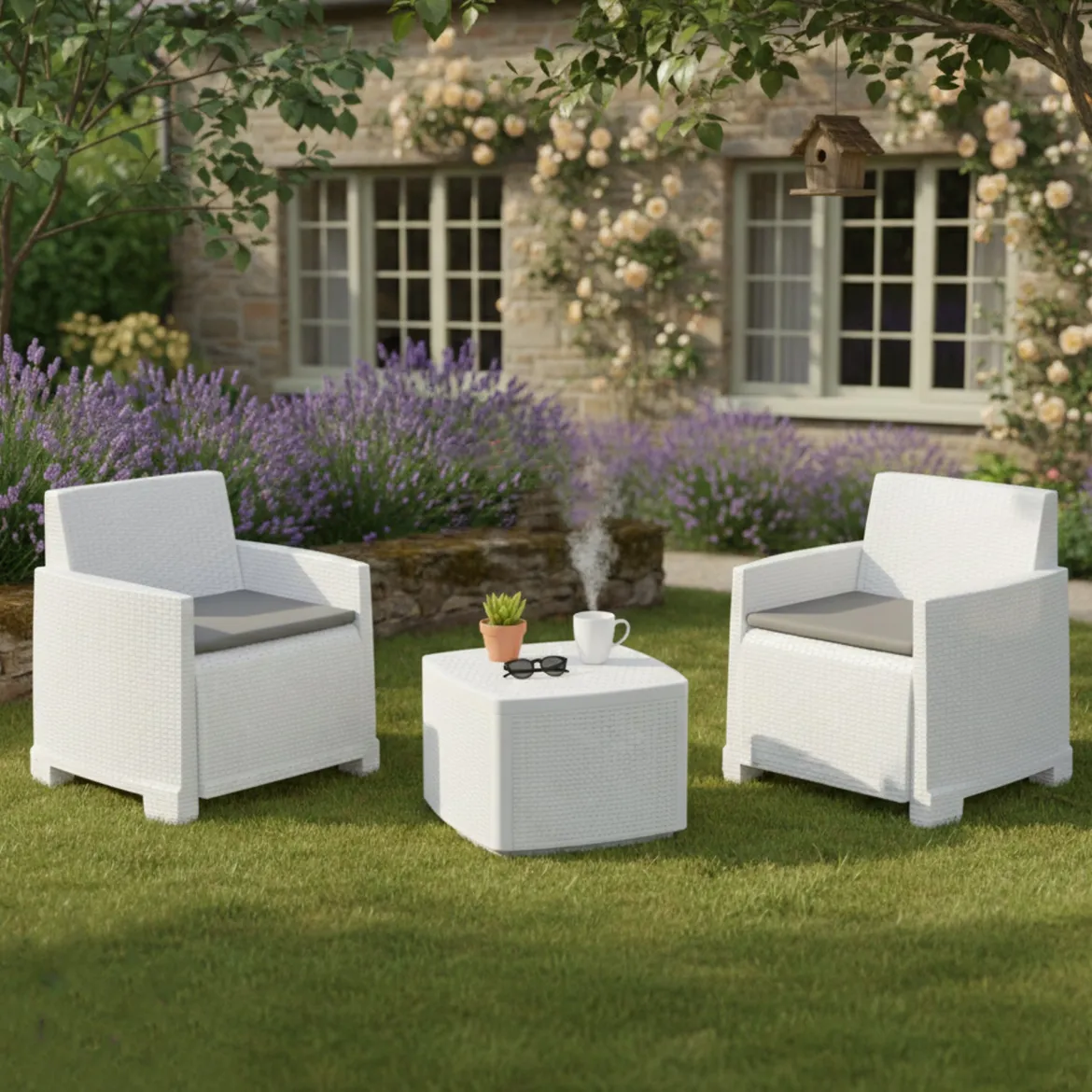 Set Salotto da Esterno Bianco 2 Posti un Tavolino, Made in Italy - Artax