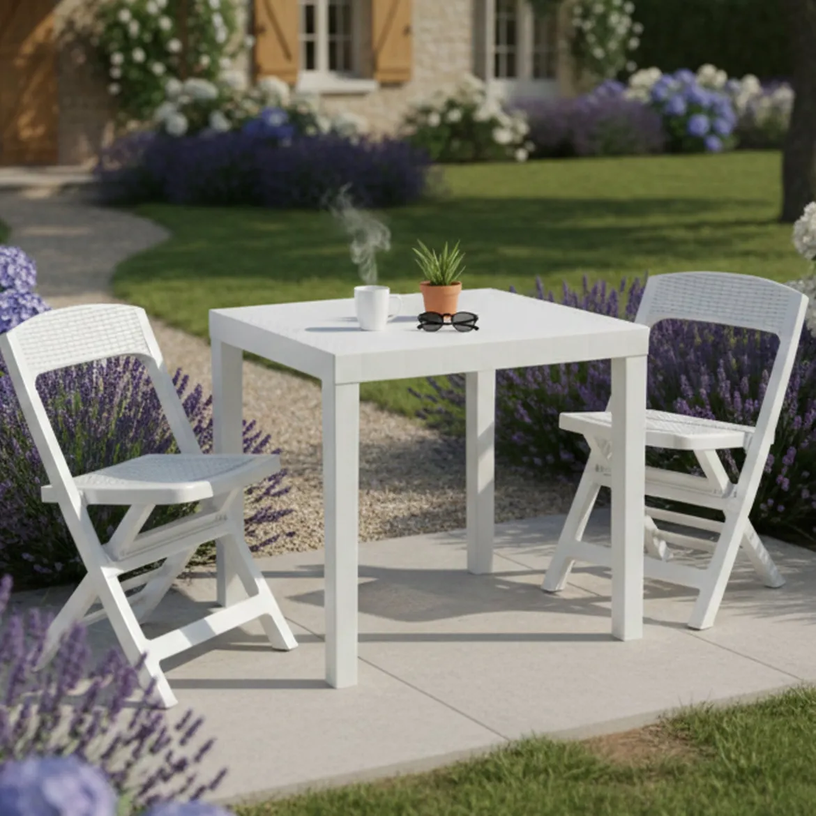 Set Salotto da Esterno Bianco 2 Posti un Tavolino, Made in Italy - Corinth