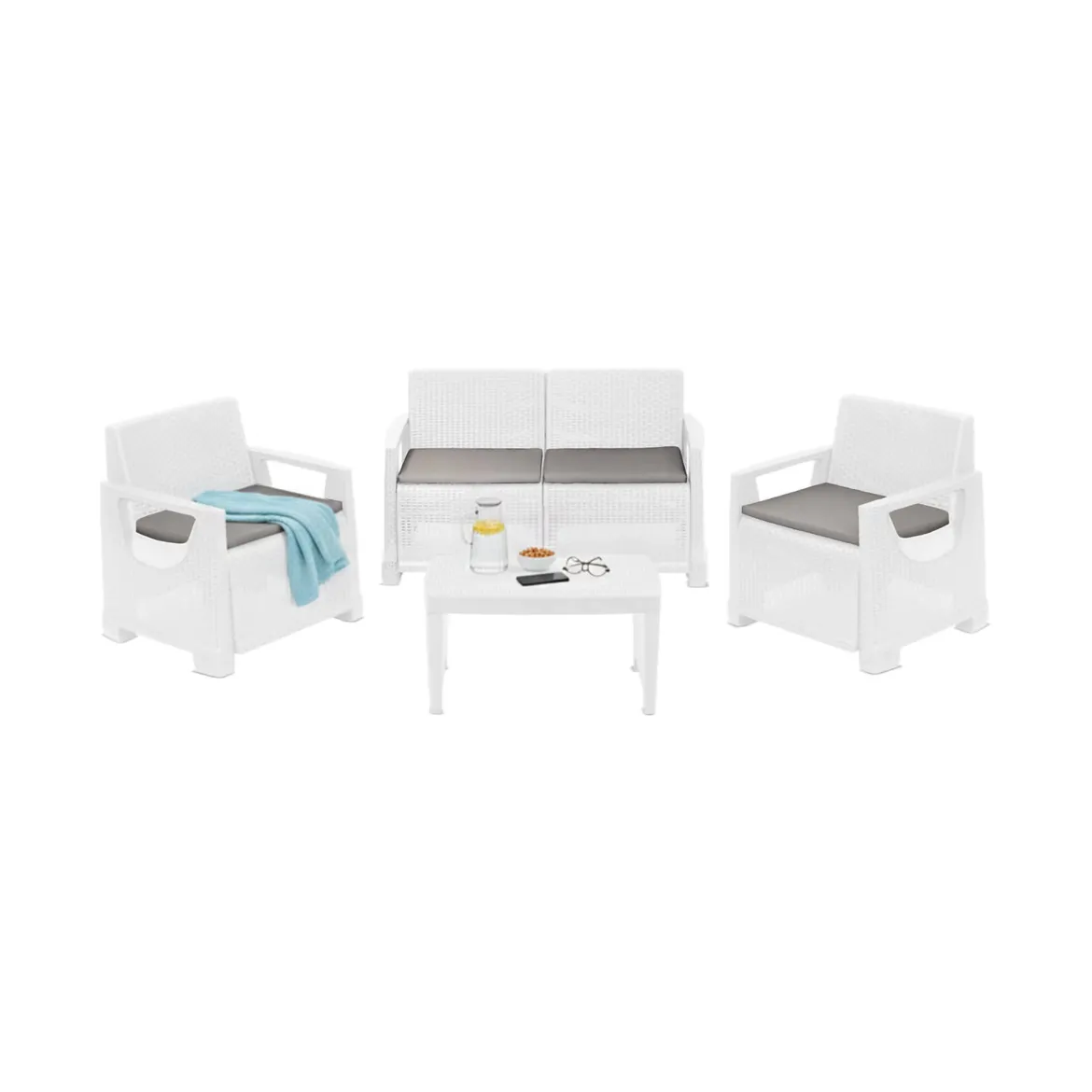 Set Salotto da Esterno Bianco 4 Posti un Tavolino, Cuscini Inclusi - Covo