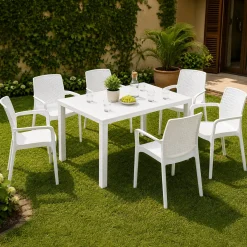 Set Salotto da Esterno Bianco Bianco 6 Posti 2 Tavolini, Beige Made in Italy - Curno