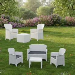 Set Salotto da Esterno Bianco Bianco Salottino 4 Posti, Tavolo 10 Posti Posti un Tavolino, Impermeabile Idrorepellente Made in Italy - Domaso
