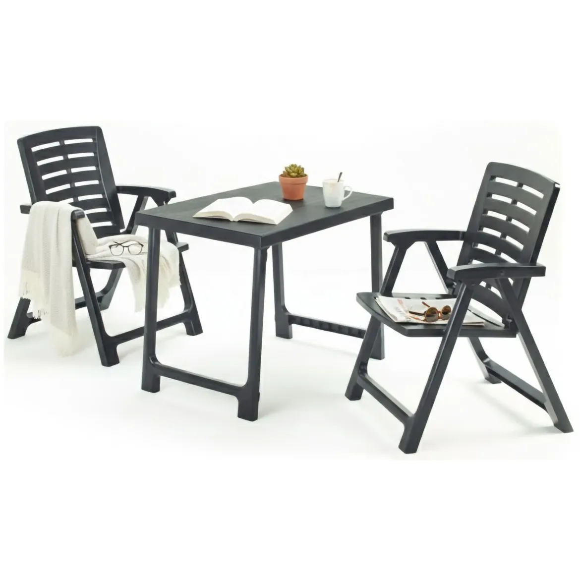 Set Salotto da Esterno Nero Antracite 2 Posti un Tavolino, set da Campeggio Bistrot Made in Italy - Lithia