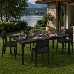 Set Salotto da Esterno Nero Antracite 4 Posti Tavolo Tavolo Allungabile, Finitura Effetto Doghe Made in Italy - Masisa