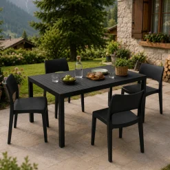 Set Salotto da Esterno Nero Antracite 4 Posti Tavolo Tavolo Allungabile, Finitura Effetto Doghe Made in Italy - Masisa