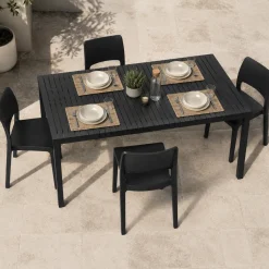 Set Salotto da Esterno Nero Antracite 4 Posti Tavolo Tavolo Allungabile, Finitura Effetto Doghe Made in Italy - Masisa