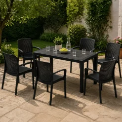 Set Salotto da Esterno Nero Antracite 8 Posti Tavolo Tavolo Allungabile, Finitura Effetto Doghe Made in Italy - Masiba