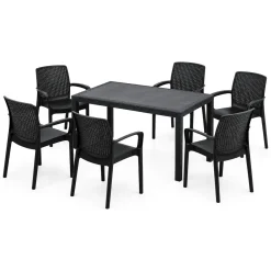 Set Salotto da Esterno Nero Antracite 8 Posti Tavolo Tavolo Allungabile, Finitura Effetto Doghe Made in Italy - Masiba