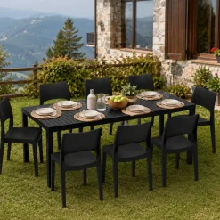 Set Salotto da Esterno Nero Antracite 8 Posti Tavolo Tavolo Allungabile, Finitura Effetto Doghe Made in Italy - Masiba