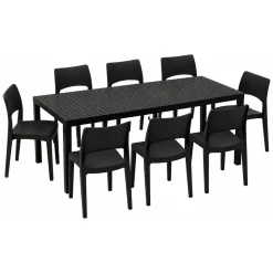 Set Salotto da Esterno Nero Antracite 8 Posti Tavolo Tavolo Allungabile, Finitura Effetto Doghe Made in Italy - Masiba