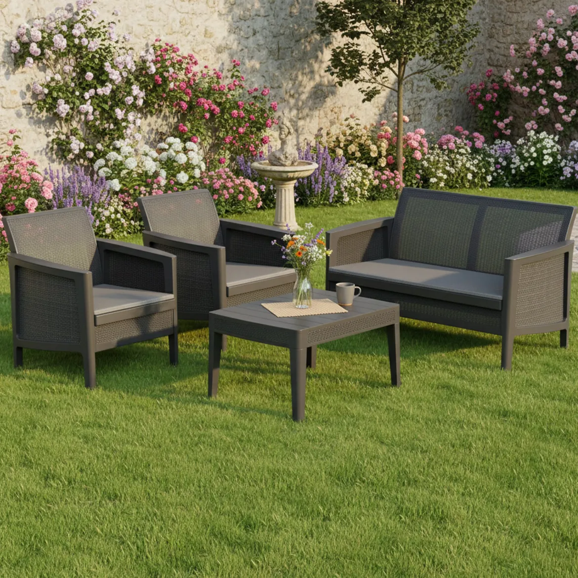 Set Salotto da Esterno Nero Antracite Grigio 4 Posti un Tavolino, Resistenti ai Raggi uv - Geneva