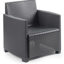 Set salotto da esterno Sassari, Set da giardino con cuscini composto da 2 poltrone, 1 divano a due posti e 1 tavolino, Salottino indoor, 100% Made in Italy, Antracite, con 8 cuscini