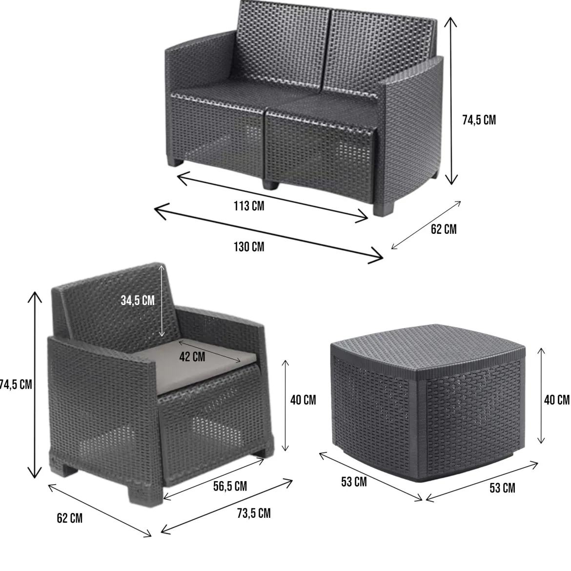 Set salotto esterno 4 poltrone e 1 divano antracite - Amer