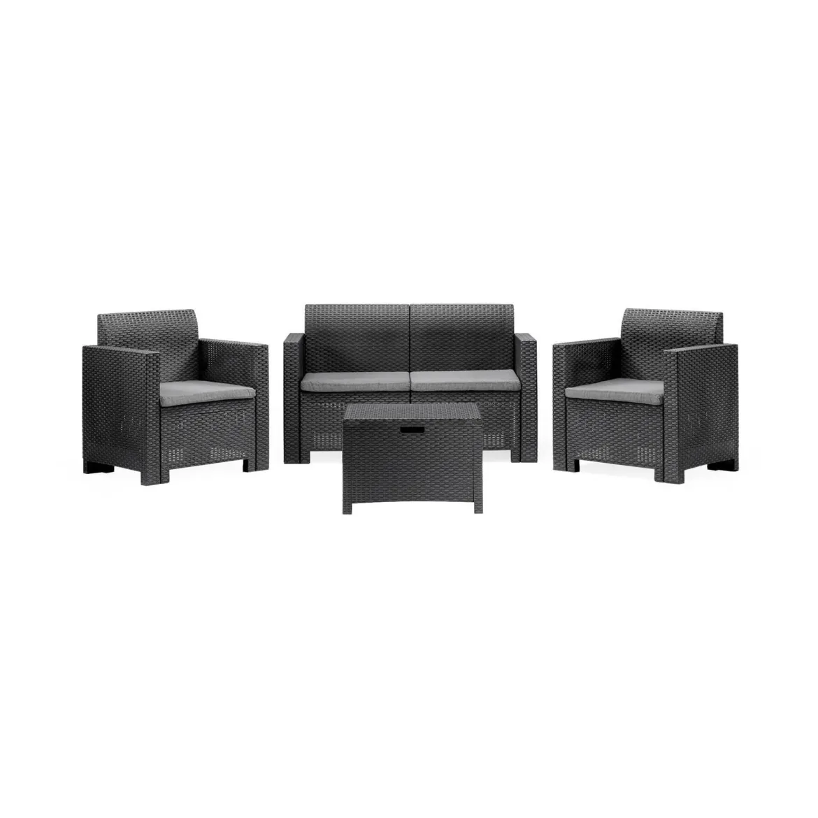 Set salotto esterno poltrone e divano con tavolino contenitore antracite - Gazania