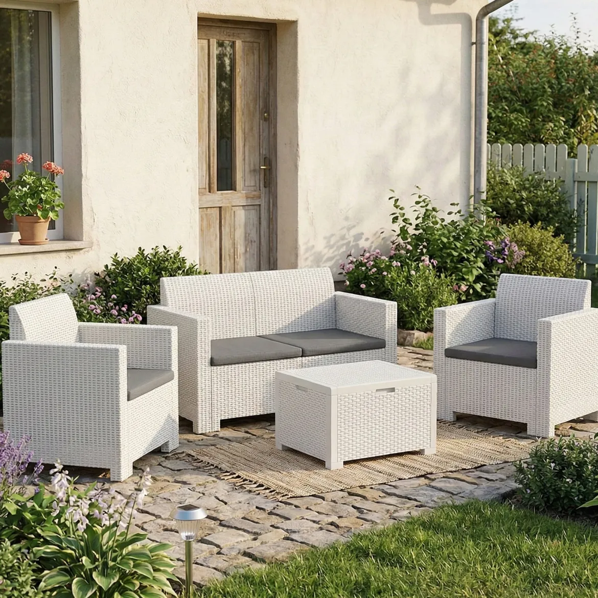 Set salotto esterno poltrone e divano con tavolino contenitore bianco - Gazania