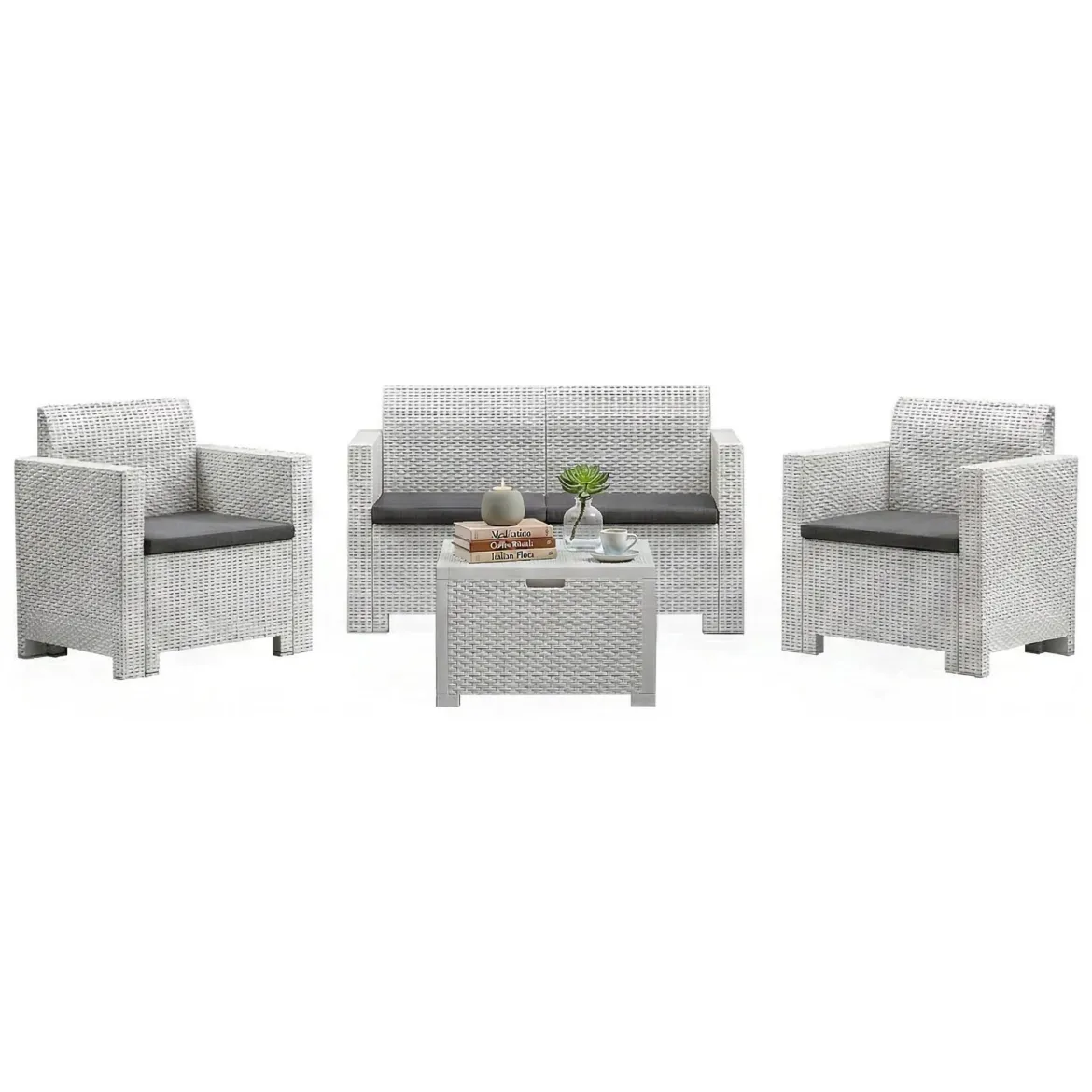 Set salotto esterno poltrone e divano con tavolino contenitore bianco - Gazania