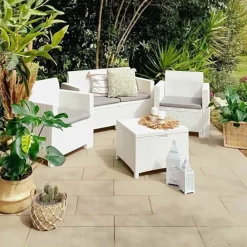 Set salotto esterno poltrone e divano con tavolino contenitore bianco - Gazania
