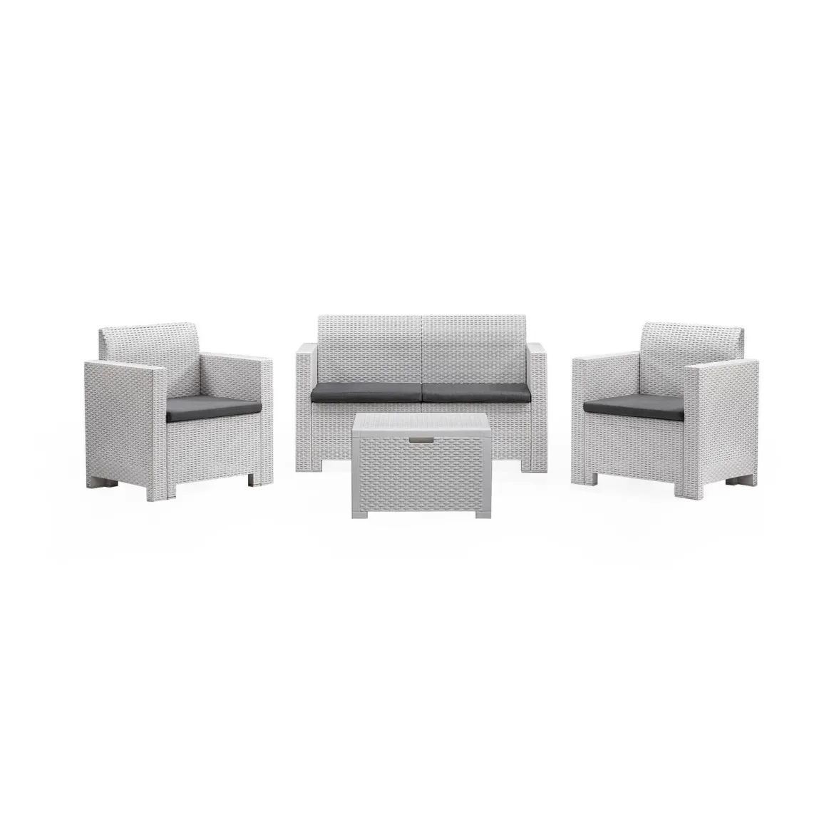 Set salotto esterno poltrone e divano con tavolino contenitore bianco - Gazania