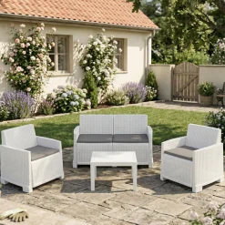 Set salotto giardino 4 posti e 1 tavolo effetto rattan bianco - Atrito
