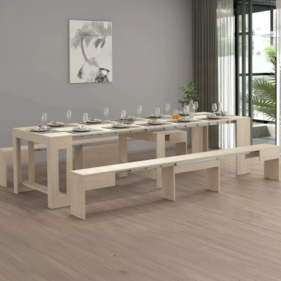 Set tavolo allungabile e 2 panche allungabili effetto legno 12 posti - Auditore