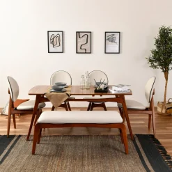Set Tavolo e Sedie Marrone Noce Bianco Crema 6 Posti Dimensione Seduta Panca: 105x40h48 cm, Sedie: 54x44h90 cm, Dimensione Tavolo 160x78h75 cm