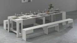 Set tavolo soggiorno estensibile e 2 panche estensibili bianco 12 posti - Auditore