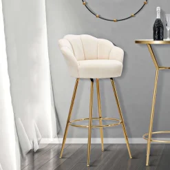 Sgabello Bianco Crema oro Imbottito Rivestimento in Velluto 55x53x110h cm, Altezza Seduta 85 cm - Tequis