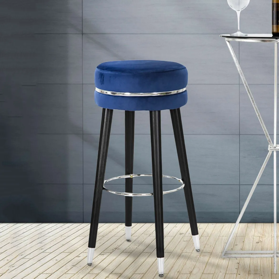 Sgabello blu Argento Rivestimento in Velluto Imbottito 35x35x74h cm, Colore Seduta blu - Bran