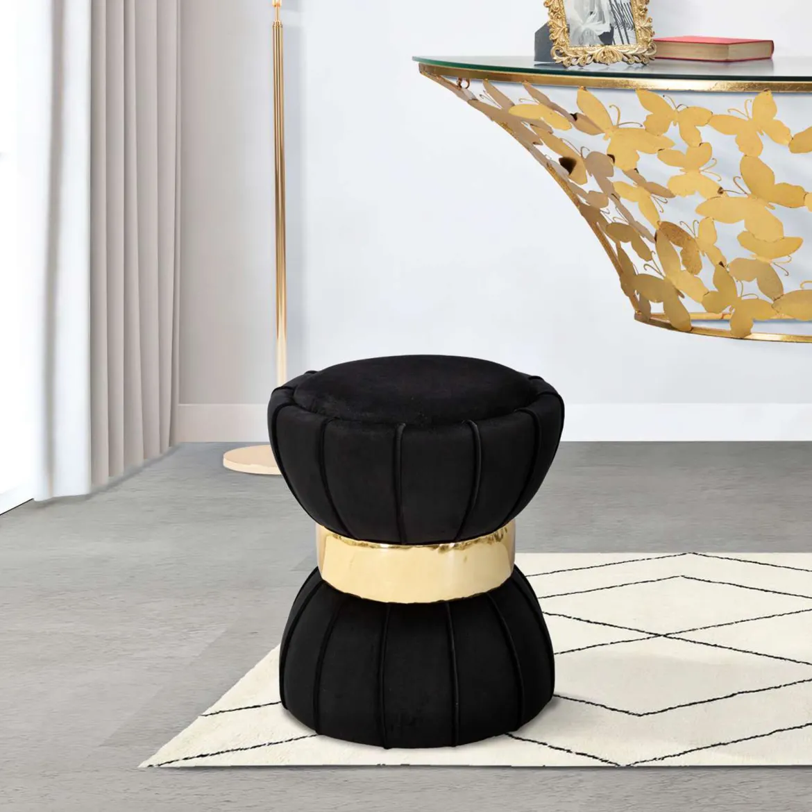 Sgabello Nero oro Imbottito Rivestimento in Velluto 46x48x96h cm, Materiale Struttura in Legno - Tupiza