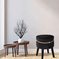 Sgabello Nero oro Rivestimento in Velluto Imbottito 35x35x41h cm, Colore Seduta Nero - Famamiri