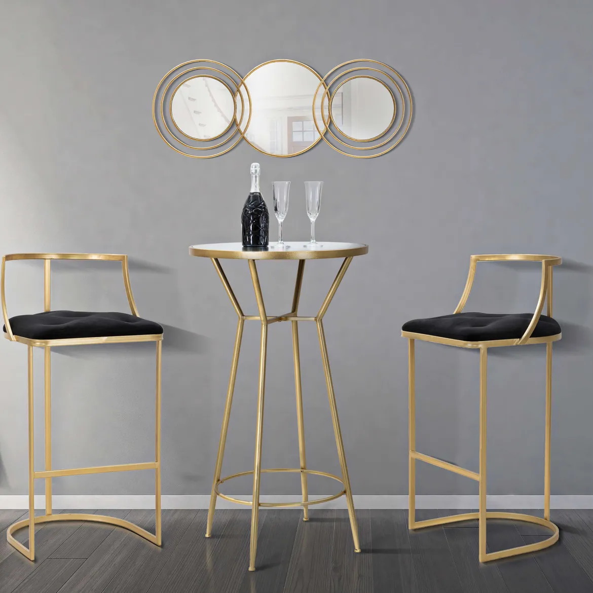 Sgabello oro Nero Imbottito Rivestimento in Velluto 45x45x90h cm, Materiale Struttura in Metallo - Daparoha