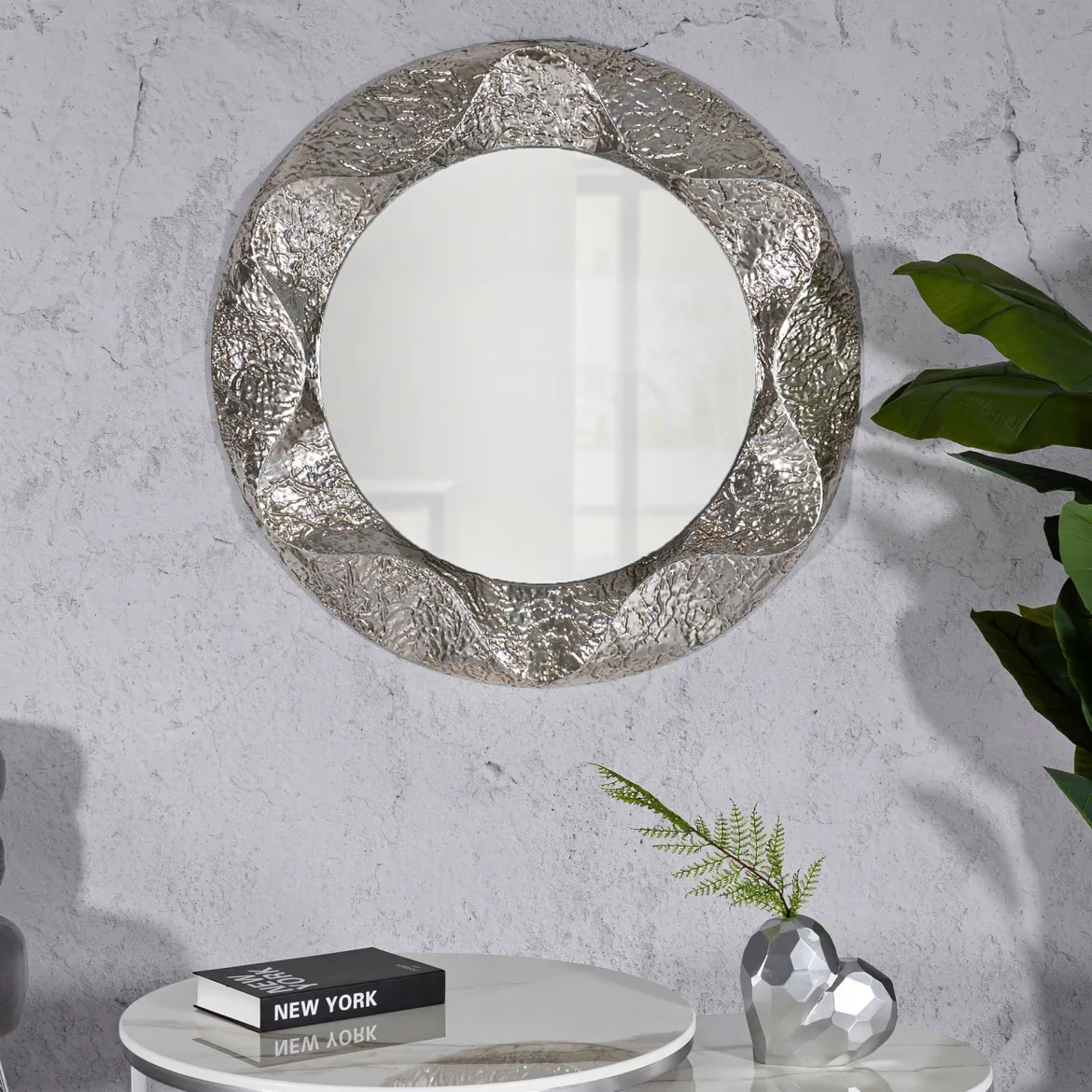 Specchio Argento Trasparente Cornice Effetto Materico Forma Ovale 104x104h cm, Tipologia a Parete - Dafateda