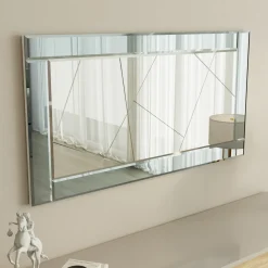 Specchio Bianco Fume Trasparente Dettagli Geometrici Forma Rettangolare 120x60h cm, Colore Struttura Trasparente - Ovaro