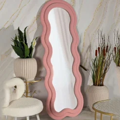 Specchio Rosa Trasparente Cornice Ondulata Tessuto Teddy Forma Rettangolare 60x160h cm, Tipologia a Parete - Marylin