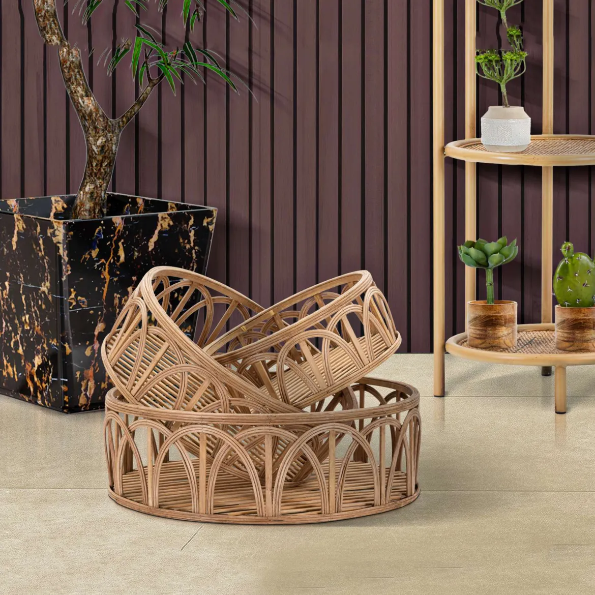 Svuotatasche Marrone set da 3 in Rattan, - Famorite