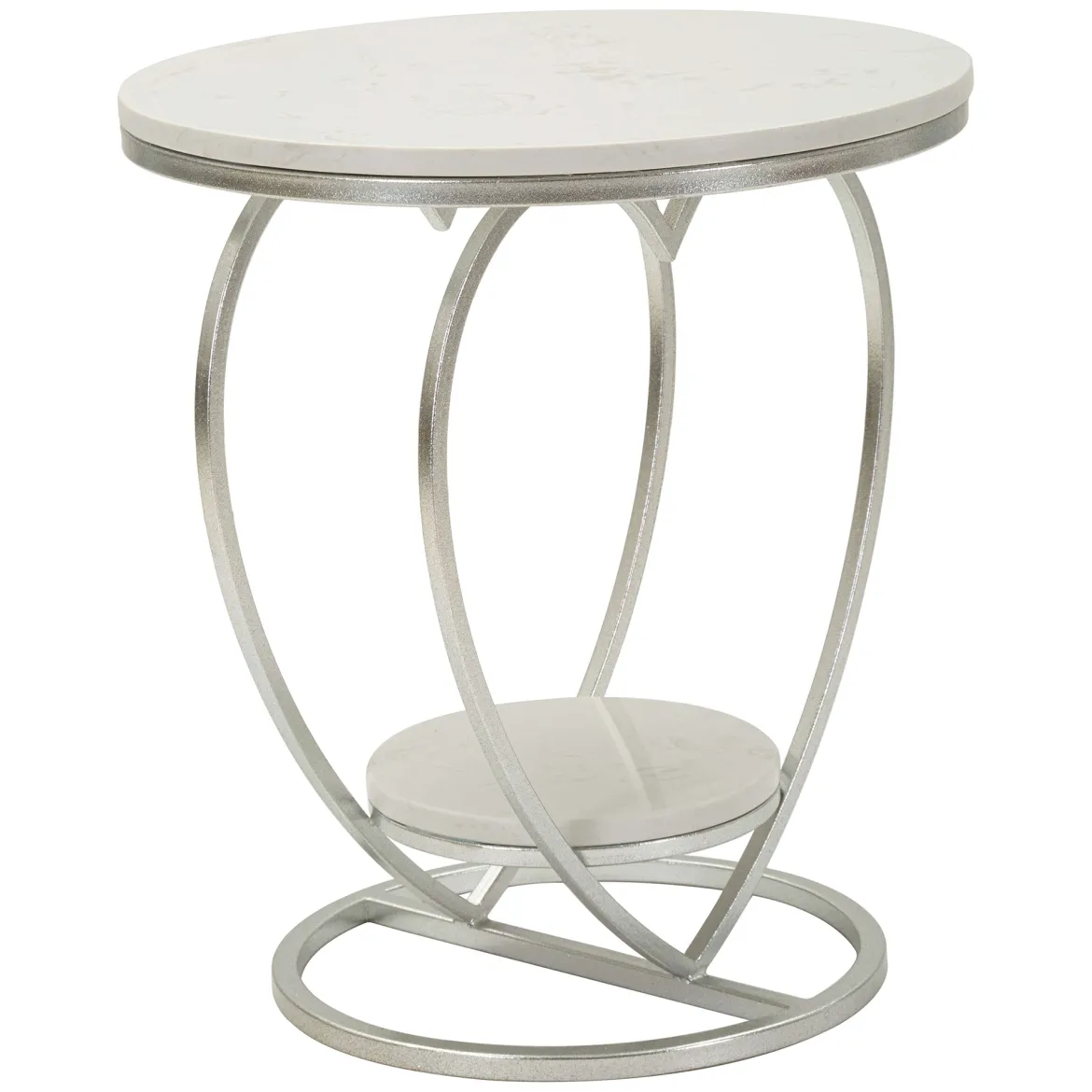 Tavolino da Salotto Argento Bianco Marmo Struttura a Cuore Forma Rotondo 40x40x46h cm, Colore Ripiano Bianco - Masaka