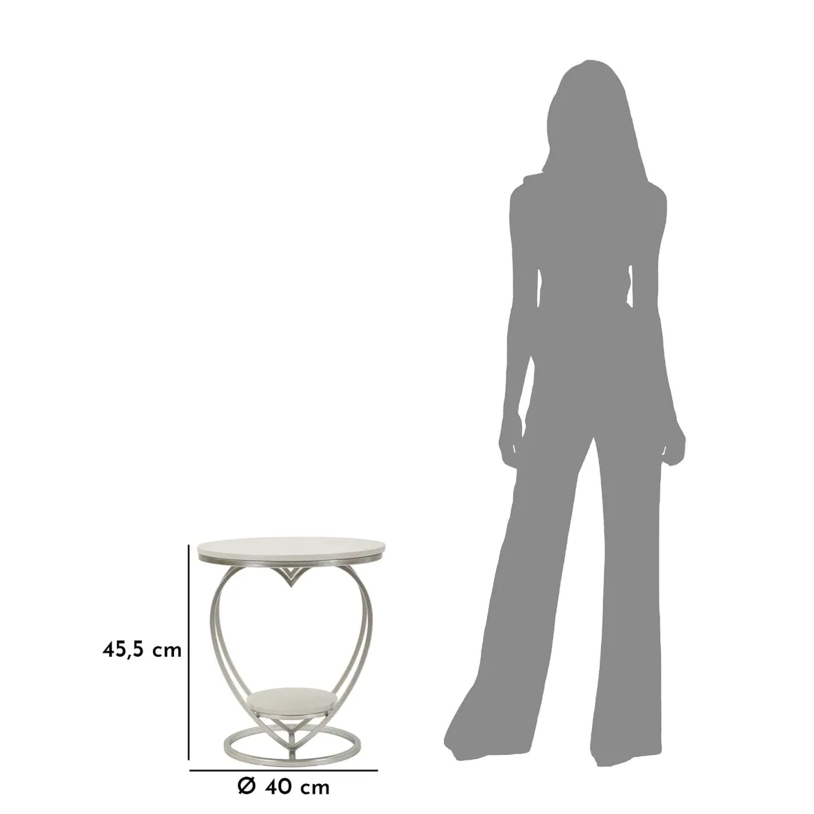 Tavolino da Salotto Argento Bianco Marmo Struttura a Cuore Forma Rotondo 40x40x46h cm, Colore Ripiano Bianco - Masaka