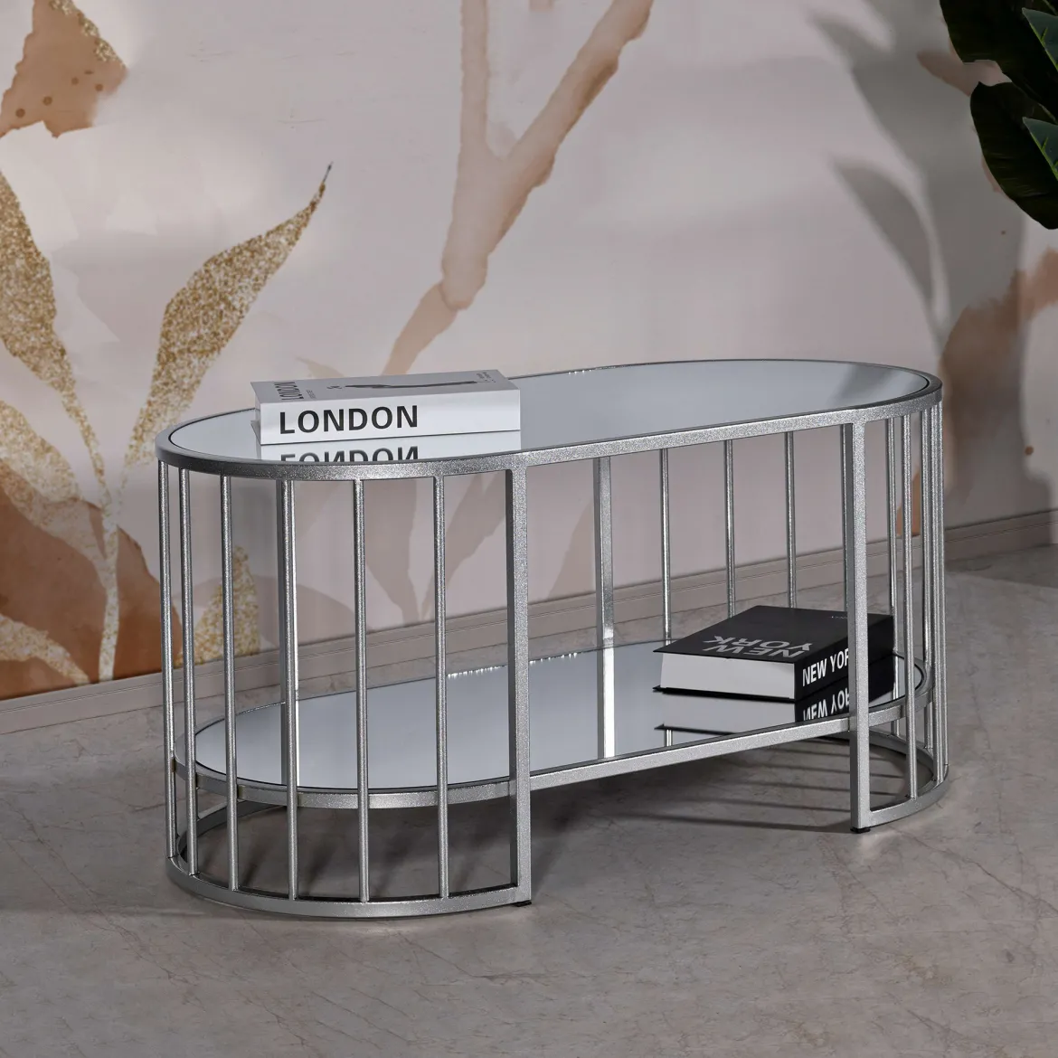 Tavolino da Salotto Argento Trasparente un Vano Forma Ovale 90x50x45h cm, Colore Ripiano Trasparente - Fafa