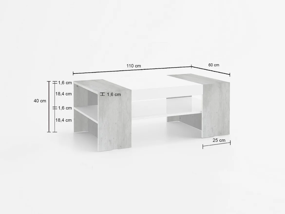 Tavolino da salotto Ashar, cm 110x60h40, Bianco lucido e Cemento
