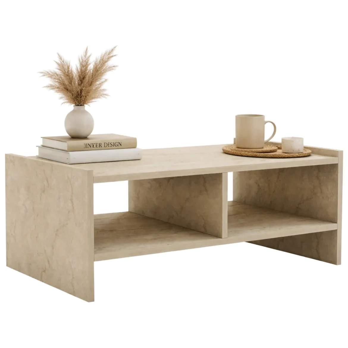 Tavolino da Salotto Beige Marmo 2 Vani Forma Rettangolare 90x50x35h cm, Sfumatura Colore Ripiano Marmo - Oria