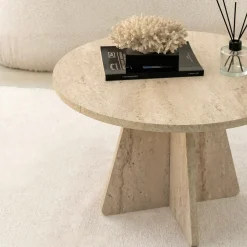 Tavolino da Salotto Beige Marmo Forma Rotondo Materiale Piano in Legno Nobilitato 60x60x40h cm, Colore Ripiano Beige - Armanda