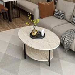 Tavolino da Salotto Beige Marmo un Vano Forma Rettangolare 87x50x32h cm, Sfumatura Colore Ripiano Marmo - Piuro