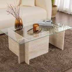 Tavolino da Salotto Beige Portariviste Forma Rettangolare 105x65x40h cm, Materiale Piano in Vetro - Azriel