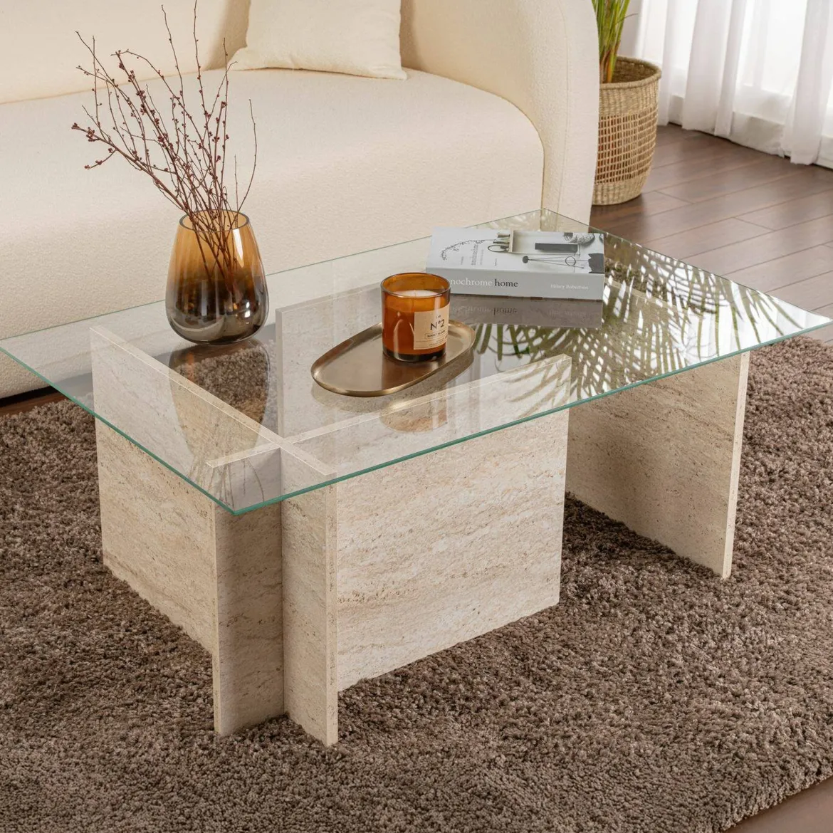 Tavolino da Salotto Beige Portariviste Forma Rettangolare 105x65x40h cm, Materiale Piano in Vetro - Azriel