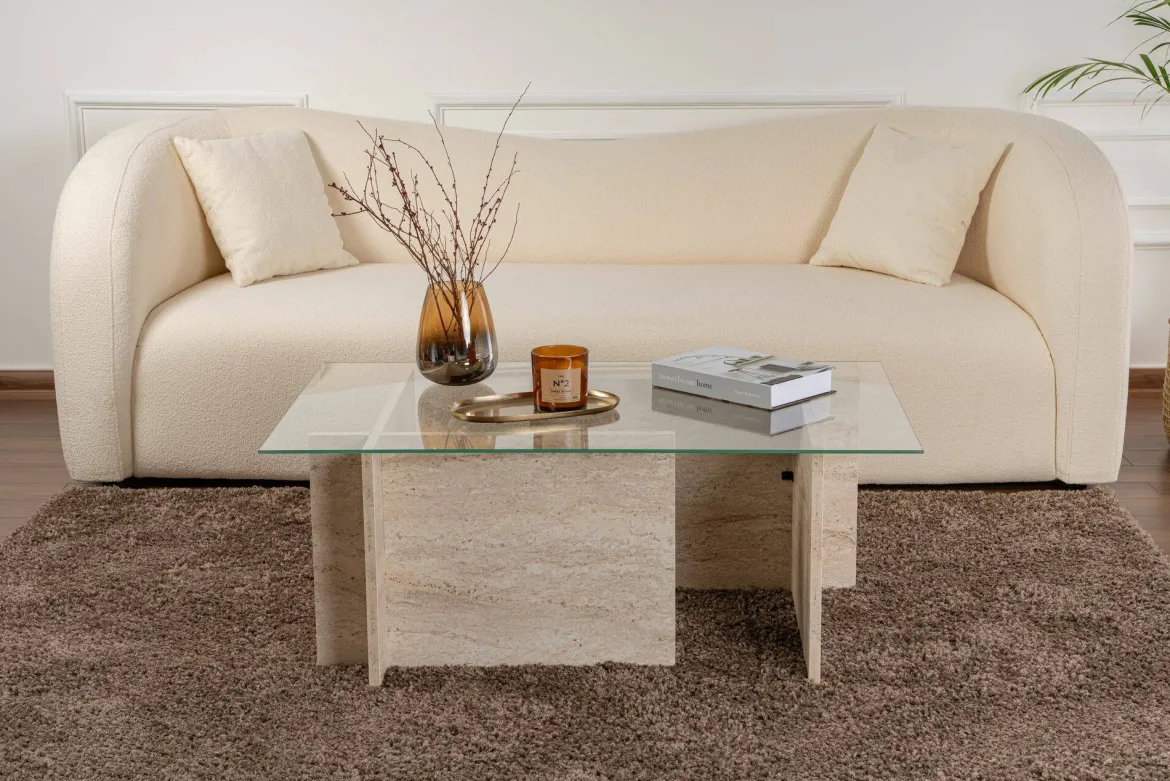 Tavolino da Salotto Beige Portariviste Forma Rettangolare 105x65x40h cm, Materiale Piano in Vetro - Azriel