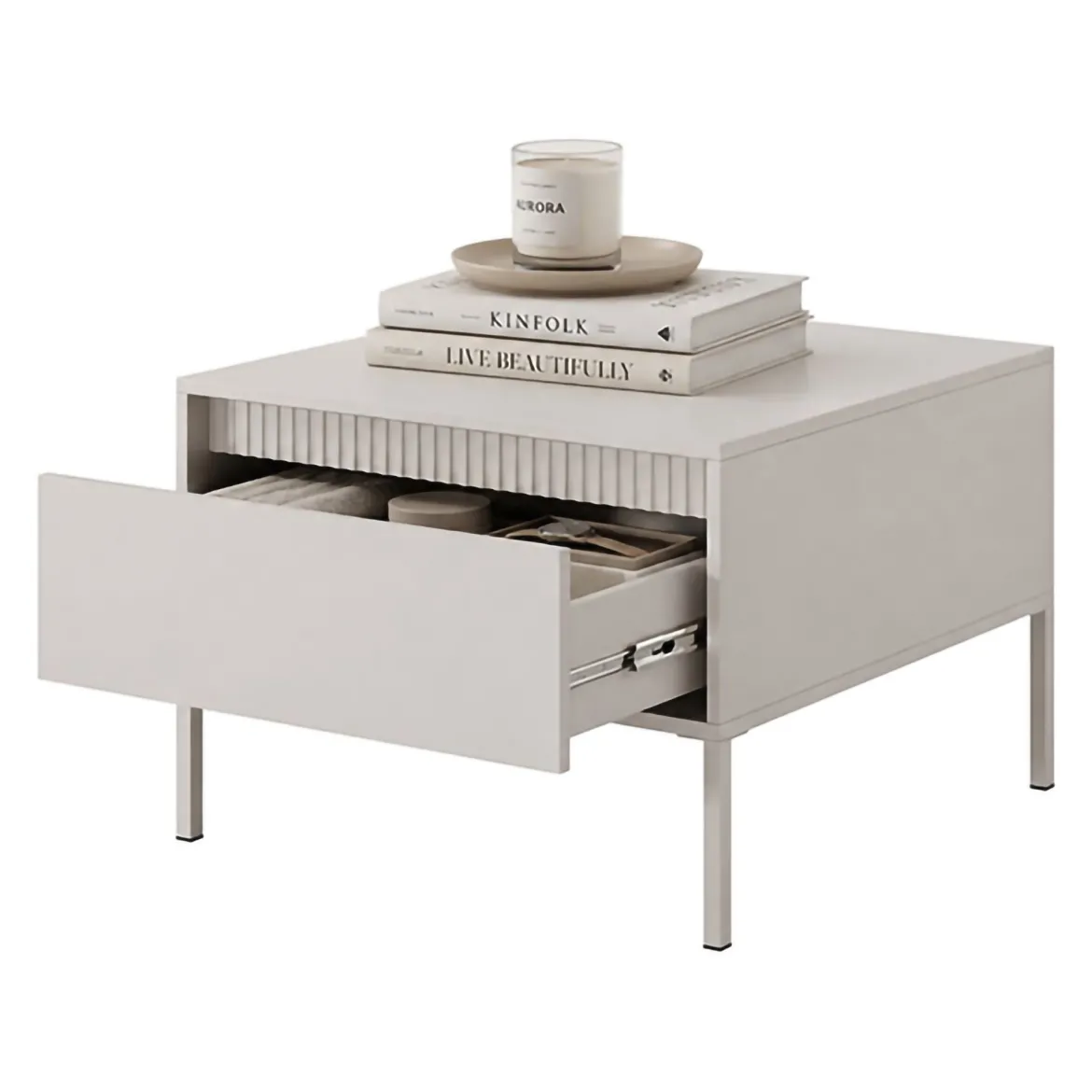 Tavolino da Salotto Beige un Cassetto con Piedini 68x48x68h cm, Forma Quadrato - Kasinela