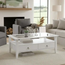 Tavolino da Salotto Bianco 2 Cassetti Portariviste 115x60x45h cm, un Vano - Minturno